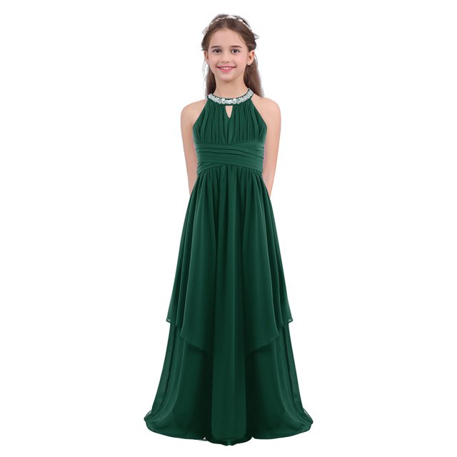 Oyolan Robe de Demoiselle d'Honneur pour Enfants Robe Longue en Chiffon pour Concours Soirée Danse Vert Armée 4