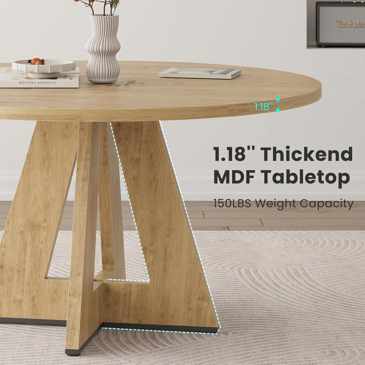 Farini 47" Round Dining Table,Wooden Kitchen Table with Metal Base, Seats 4–7, for Dining Room, Kitchen & Living Room, Natural