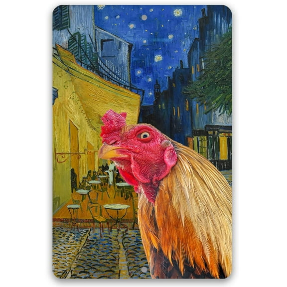 Metal Sign - Café Terrace at Night Painting - Interrupted by Rooster - Durable Metal Sign - Use Indoor/Outdoor - Funny and Artsy Chicken Farm and Coop Decor and Gift (8" x 12")