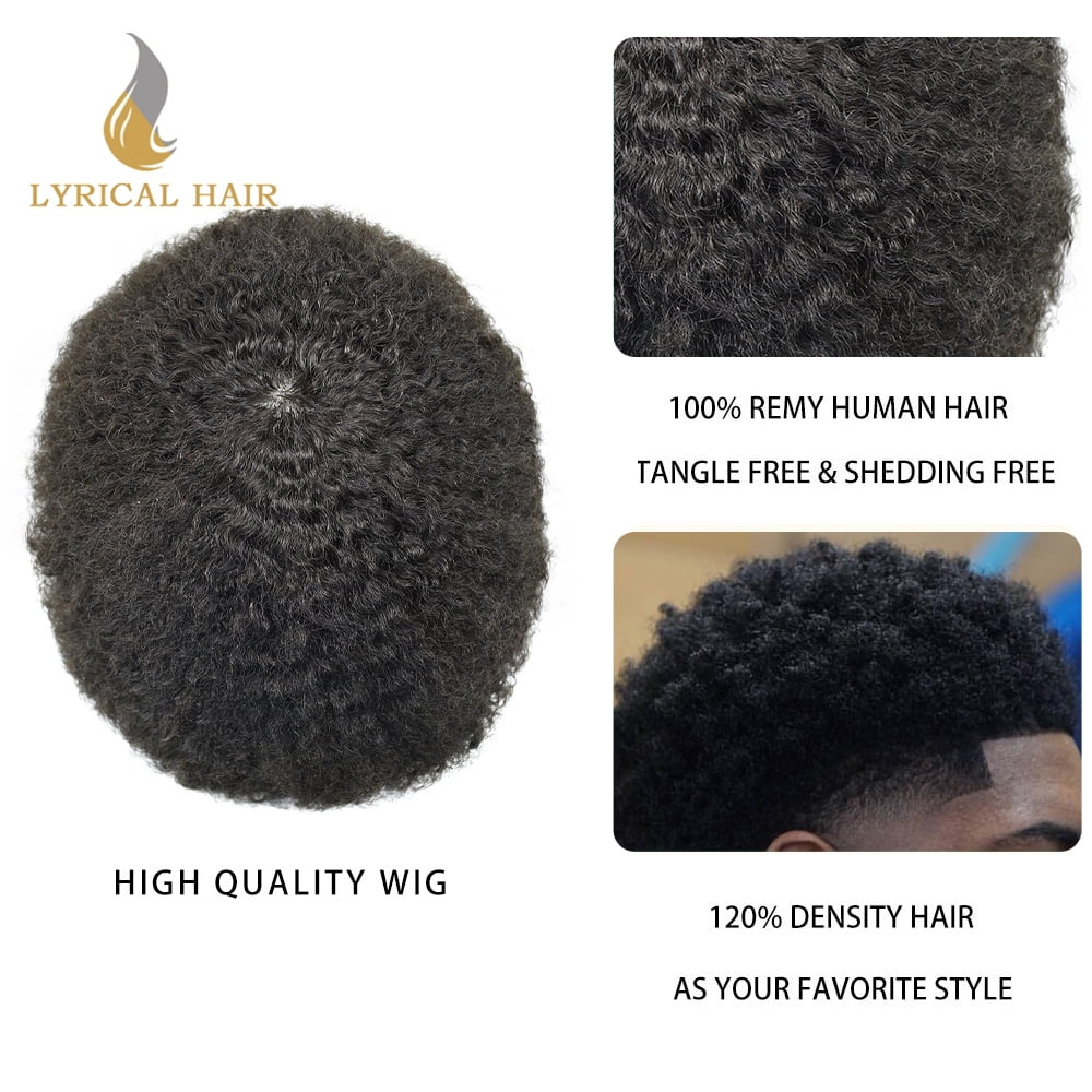 Lyricalhair Toupee for Men 10MM Kinky Curly Hairpieces for Man Brazilian Human Hair Replacement System Full PU Hair Units for African American Mens Wig Male Hair Prosthesis #1 Jet Black