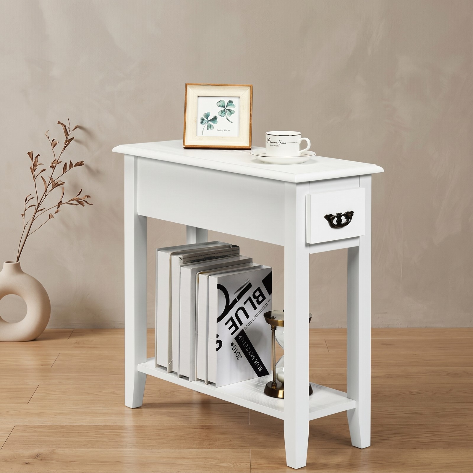 Furnibear 2-Piece Sofa Side End Table Set with Drawer and Open Shelf, 2-Tier Narrow Nightstand Bedside Table for Living Room Bedroom Small Space, MDF and Rubber, White