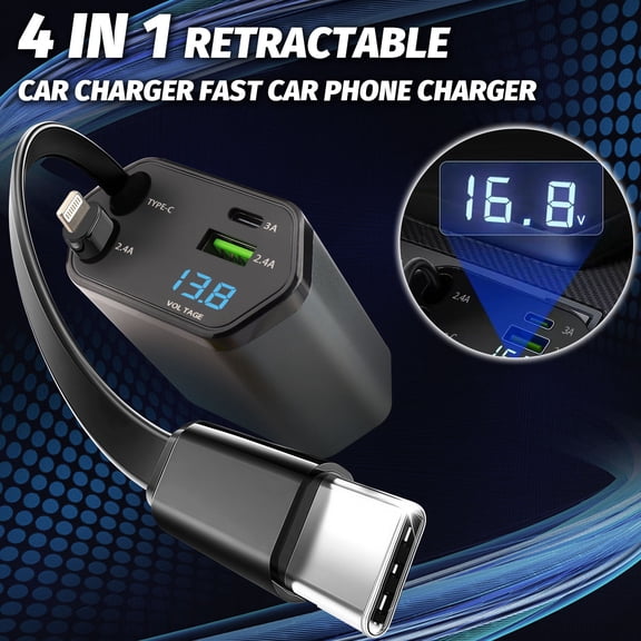 Audessy 120W Retractable Car Charger, 4-in-1 Fast Car Phone Charger With USB Type C Cable, Universal Car Charging Block Cube