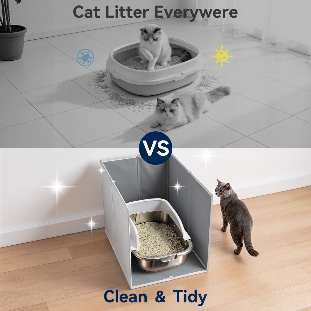 DOMIPET Foldable Cat Litter Box Enclosure Splash Guard XLarge with Removable Mat, Tall for Litter Contained High Side Out Litter Box Keeping Litter Off Floor Easy Clean