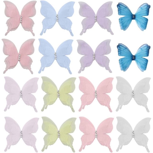 1 caja de 48 mariposas de organza de tela ligera con capas de mariposas y diamantes de imitación, apliques 3D, decoración de pared, adornos decorativos.