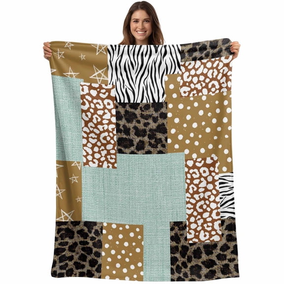 Brown Dots Leopard Blanket Soft Cozy Warm Throw Blanket for Couch, Plush Fuzzy Flannel Blankets for Sofa, Zebra Teal Linen Patchwork Bed Blankets Lightweight Gifts for Women, 50"x80"