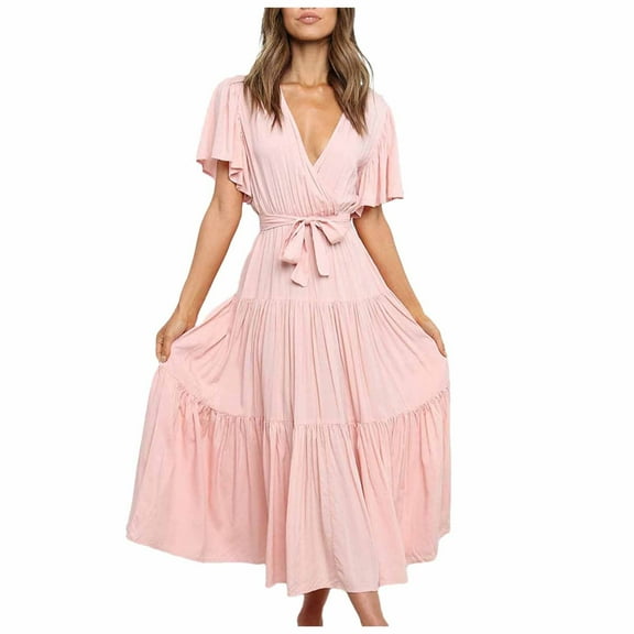 Summer Saving Maxi Dresses for Women V-Neck Short Sleeve Solid Summer Trendy Long Dress Casual Ruffle Sleeve Tie Waist Loose Swing A Line Sundress Pink XL