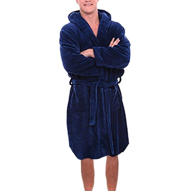 Innerwin Bath Robes Hoodie Men's Wrap Robe Winter Long Sleeve Soft Dressing Gown Navy Blue XL