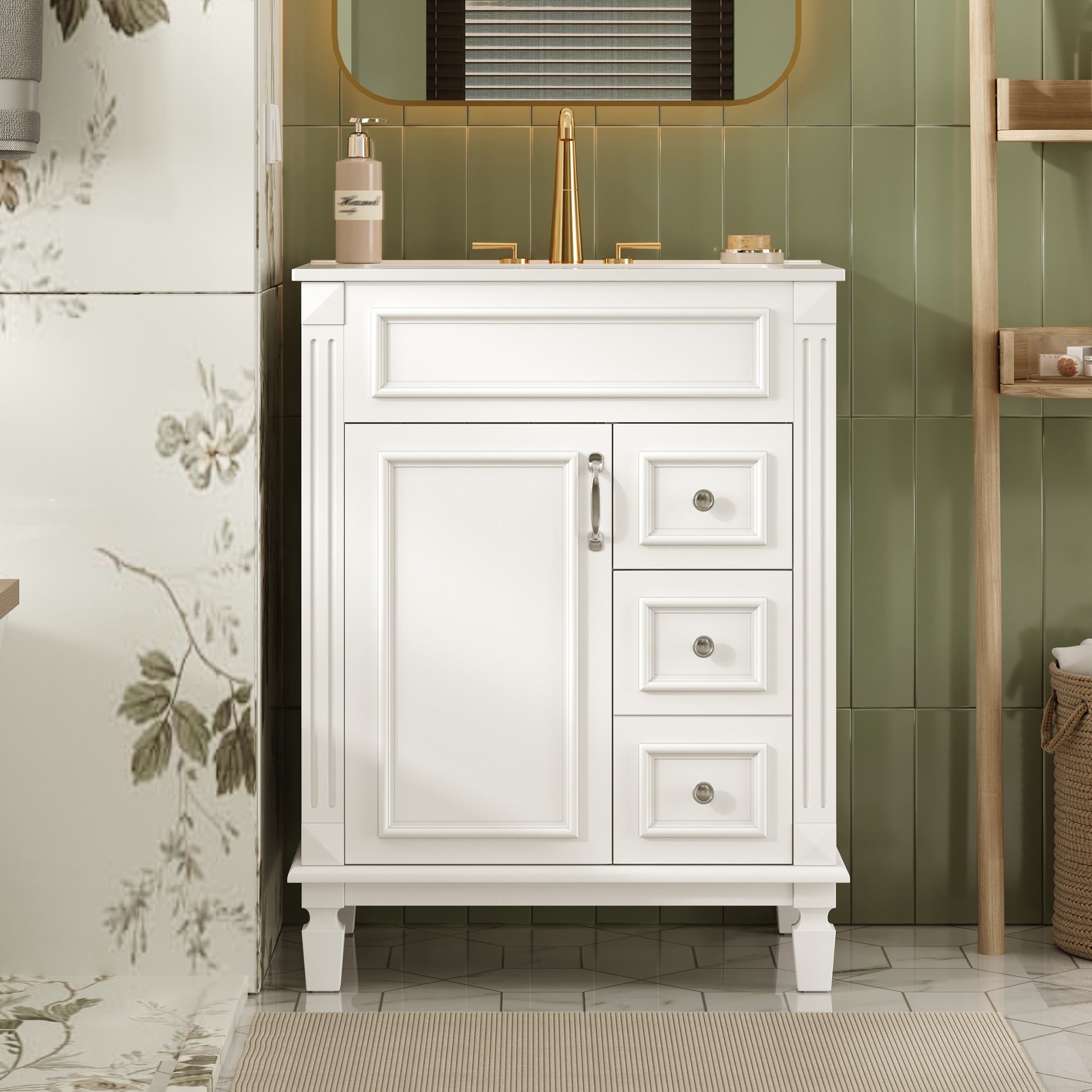 Euroco 24" Bathroom Vanity with Ceramic Sink, Small Bathroom Sink Cabinet, Modern Cabinet with 2 Drawers and Adjustable Shelf