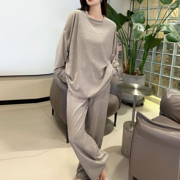 Herrnalise Plus Size Women 2 Piece Modal Pajamas Sets Summer Long Sleeve Top and Drawstring Pants Soft Solid Color Sleepwear Suit Coffee