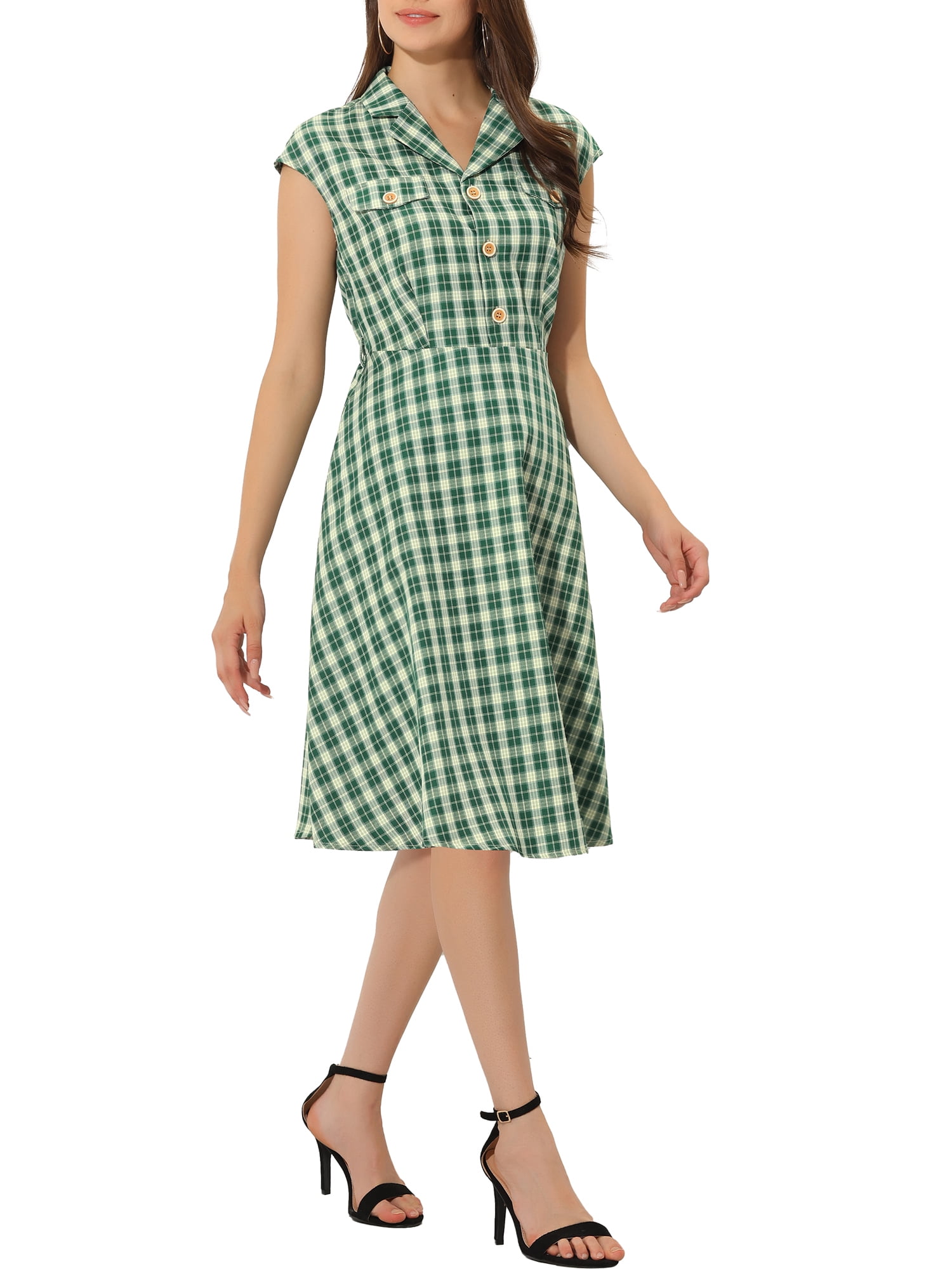 Unique Bargains Women's Button Front Cap Sleeve Retro Belted Plaid Dresses M Green