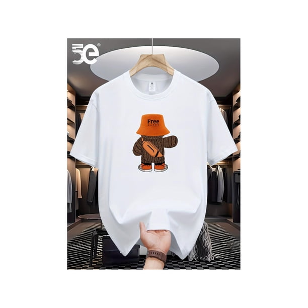 5e Men's 100% Cotton Cartoon Teddy Bear Graphic Print T-shirt, Short Sleeve Crew Neck Tee, Men's Clothing For Summer outdoor