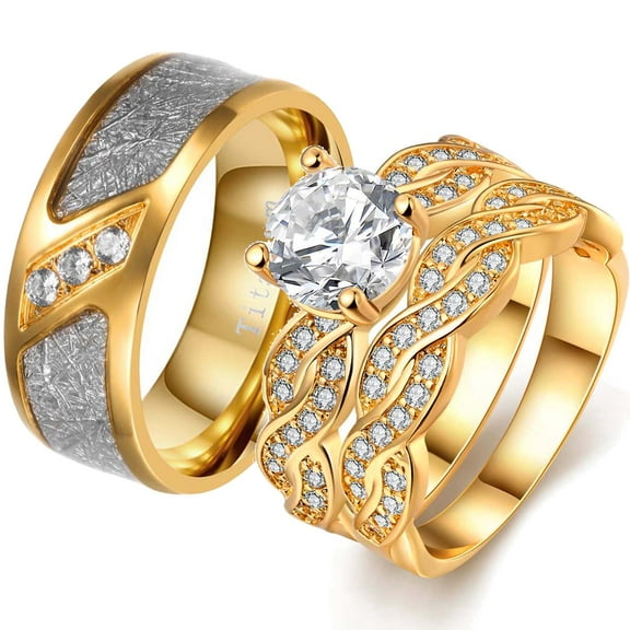 Matching Rings Yellow Gold Plated Couple Rings CZ Wedding Ring Sets for Him and Her