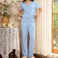 thumbnail image 6 of Summer Lounge Outfits for Women 2 Piece Bowknots Short Sleeve V Neck Shirt and Long Pants Soft Pjs Sets (XL, Blue), 6 of 7
