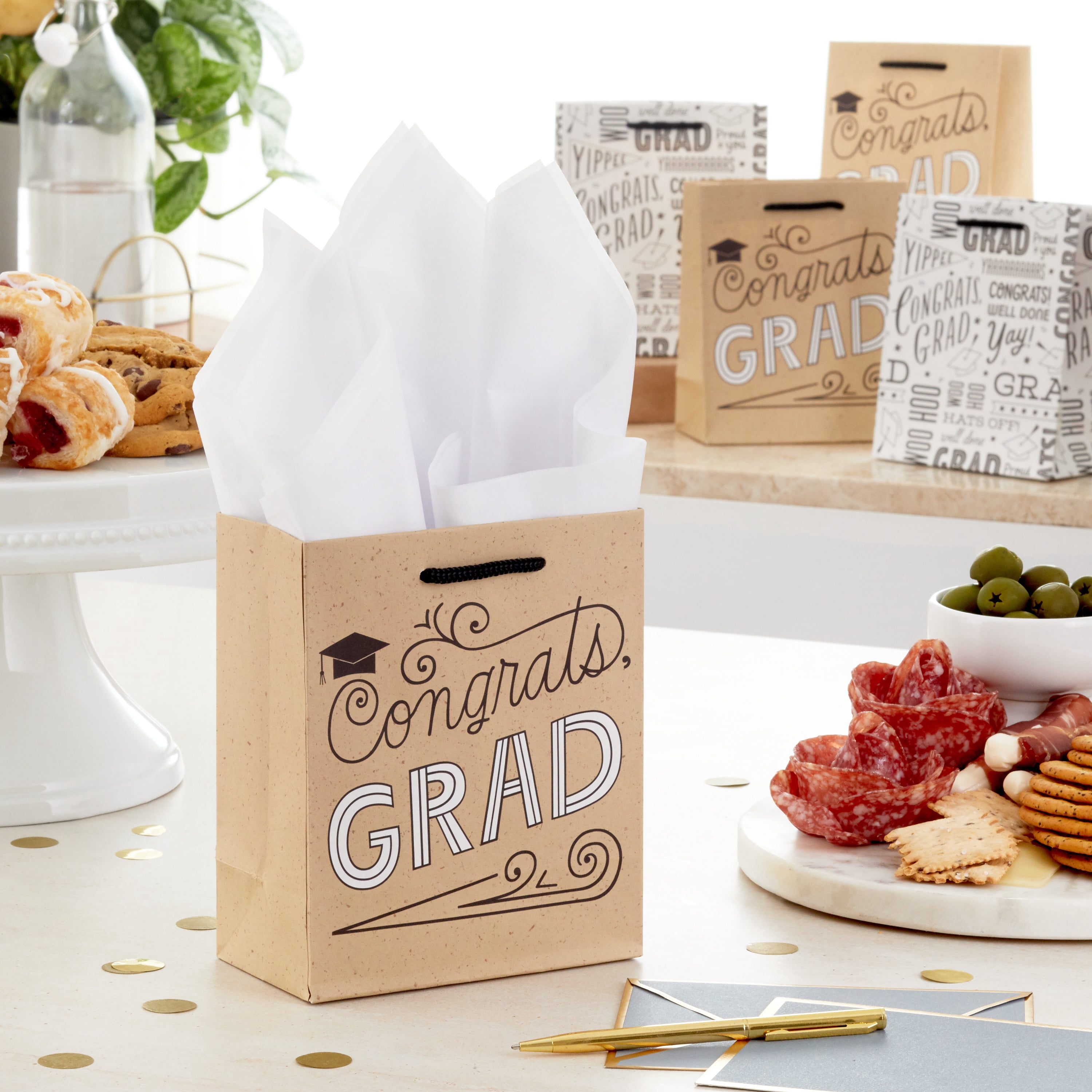 (2 pack) Hallmark 6" Small Graduation Gift Bag Bundle (8 Bags, 2 Designs: Kraft "Congrats, Grad," Black and White) for High School Graduates, Preschool, Kindergarten, College, Open House Party Favors