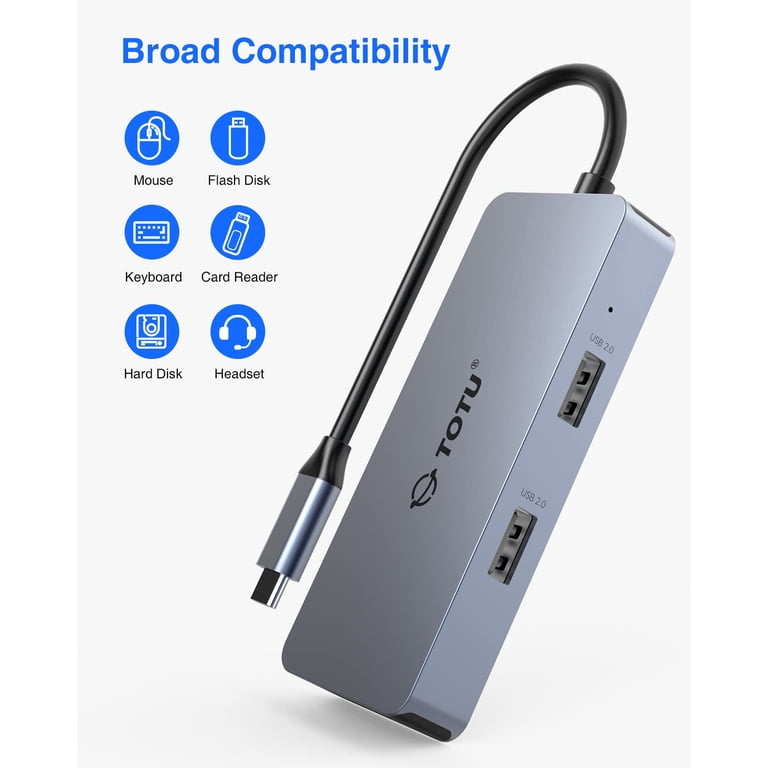 TOTU 6-in-1 USB-C Hub - 4K HDMI, 3 USB Ports, SD/TF Card Reader, Portable Docking Station For Laptops