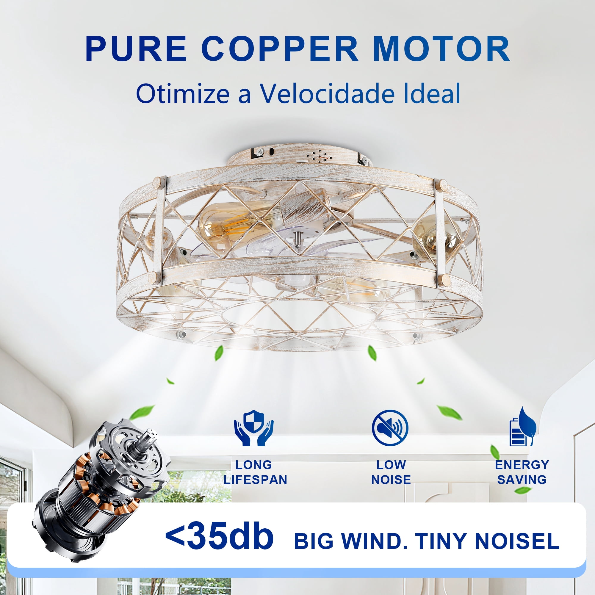 Leumius 20" White Caged Ceiling Fan with Lights and Remote Control ,Reversible Motor, DC Remote Control,6 Speed Ceiling Fan for Living Room Bedroom Dining Room (NOT Included Bulbs)