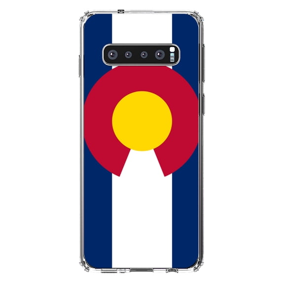 DistinctInk Clear Shockproof Hybrid Case for Samsung Galaxy S10 (6.1" Screen) - TPU Bumper, Acrylic Back, Tempered Glass Screen Protector - Colorado State Flag - US State Flag
