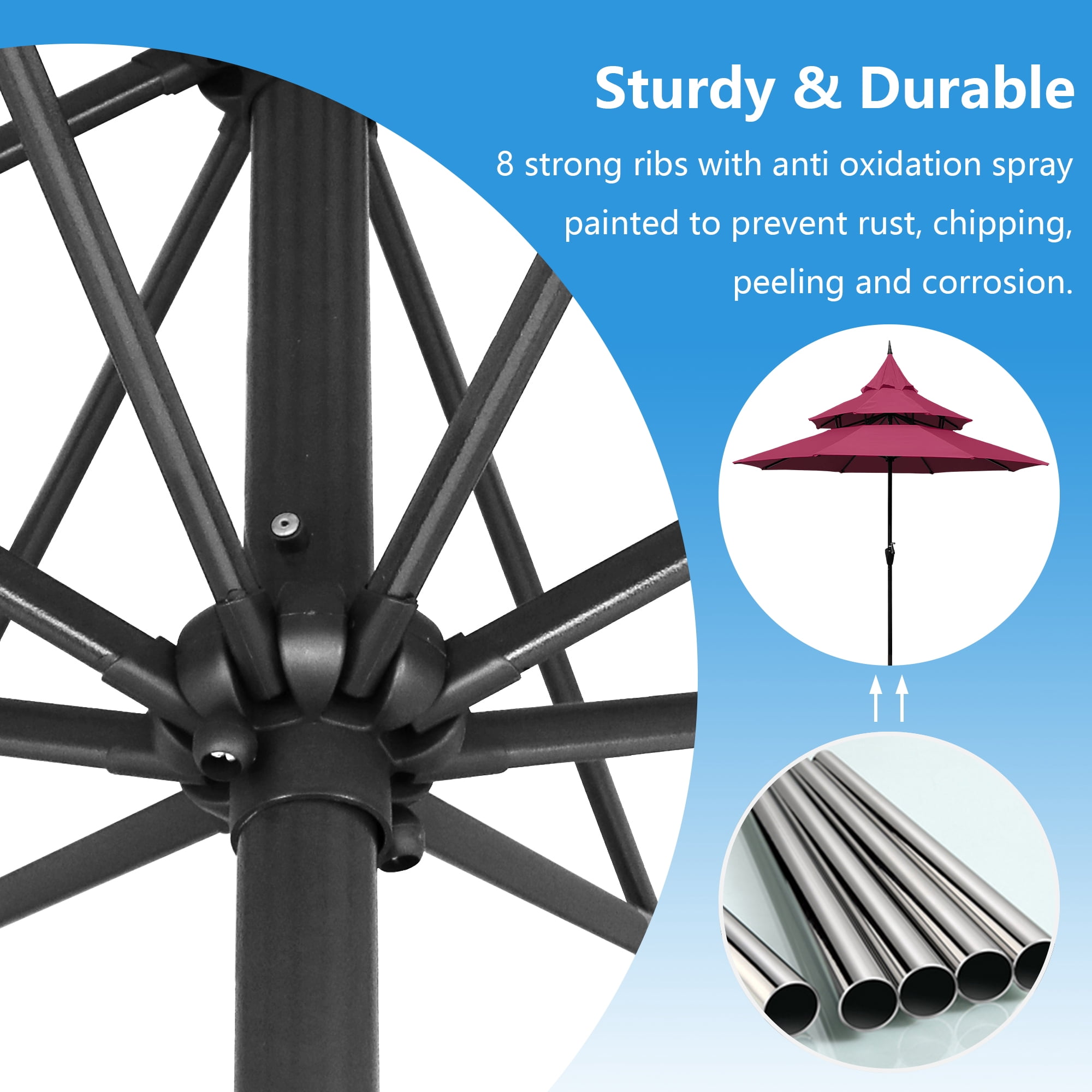 Abble 9ft Patio Umbrella with Crank 3-Tier Pagoda Outdoor Market Umbrella with 8 Ribs for Garden Deck Backyard Pool, Burgundy
