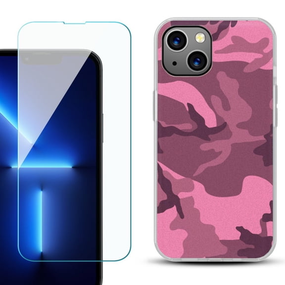 OneToughShield ® for iPhone 15 Plus Shockproof Phone Case, with Tempered Glass Screen Protector - Camo Pink