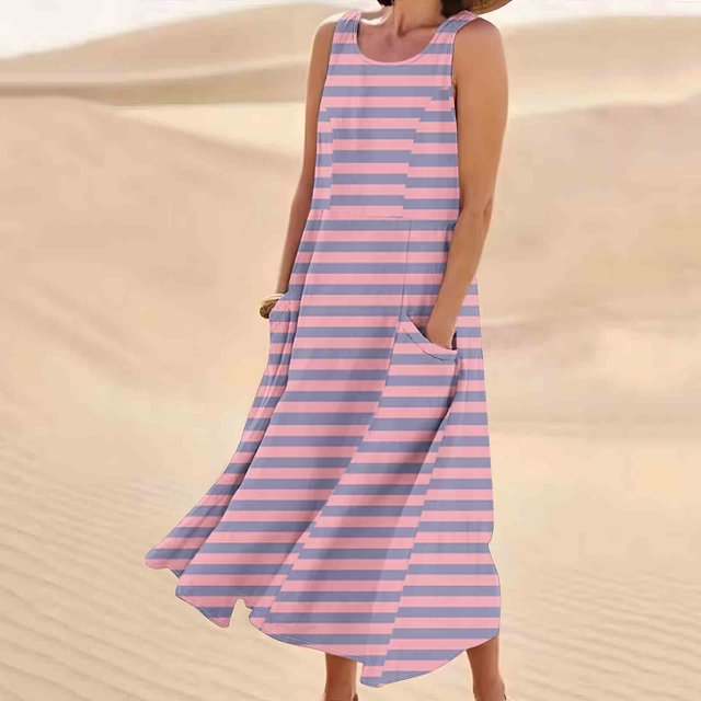 FcBaudy Robe Sans Manches Col Rond, Robes d'Été pour Femmes, Robes Femmes Robe Longue Imprimée Sans Manches et en Lin Col Rond Robe Femmes