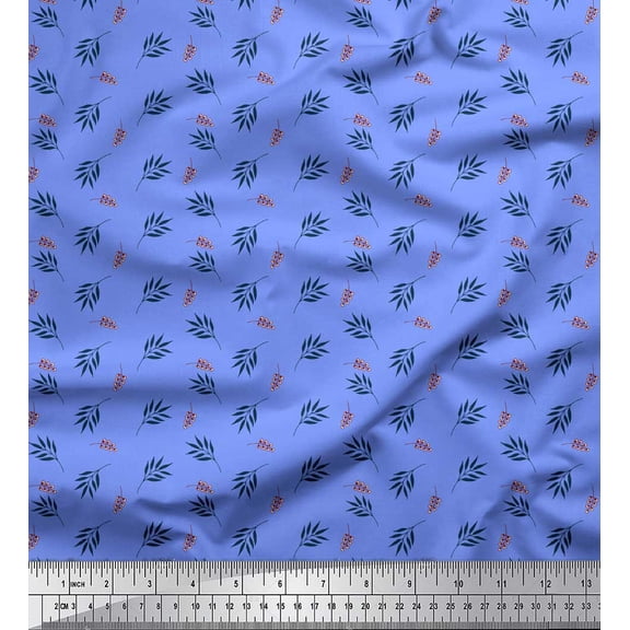 Soimoi Blue Cotton Duck Fabric Berries Leaves Printed Fabric 1 Yard 42 Inch Wide