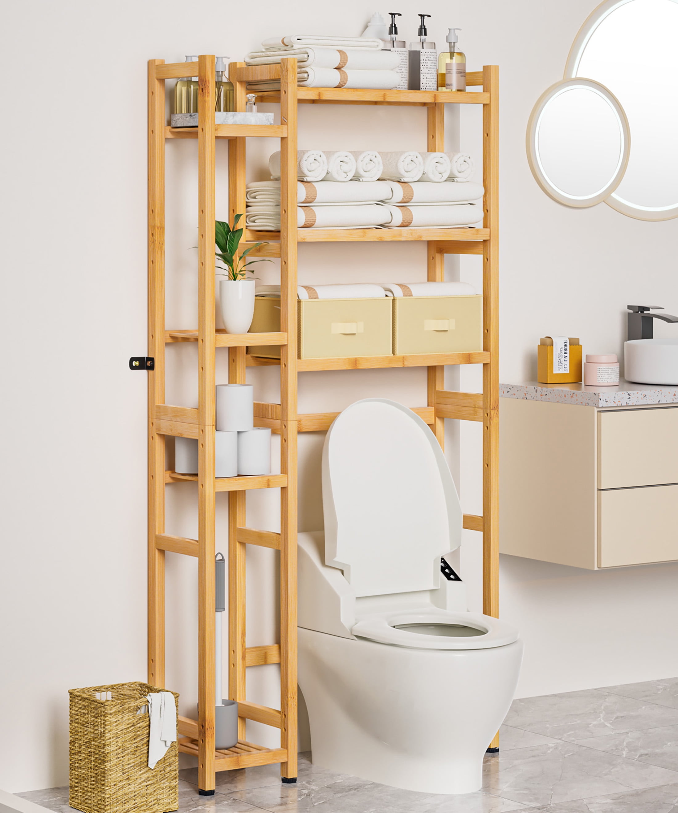 Enogets Over the Toilet Storage, Bamboo Bathroom Organizer with Adjustable Rack, Basket, Drawer & Waterproof feet