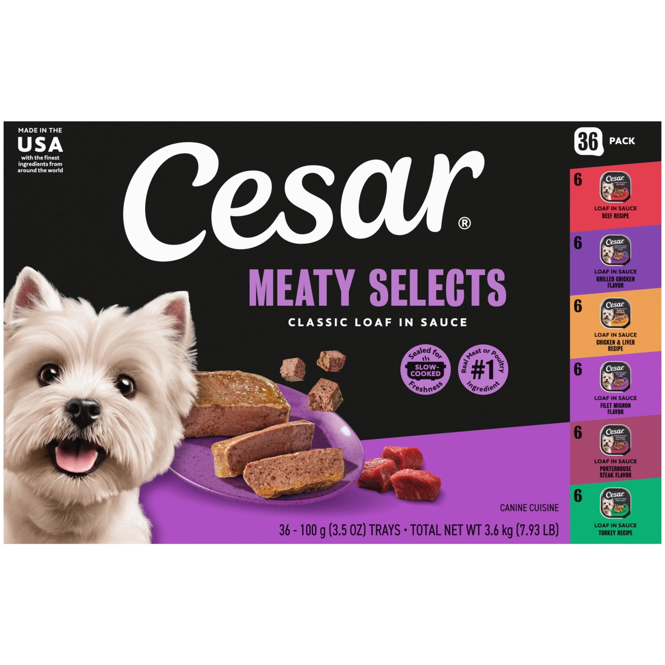 (4 pack) Cesar Loaf in Sauce Poultry and Beef Flavors Adult Wet Dog Food Variety Pack, 3.5 oz Trays, 36 Ct.
