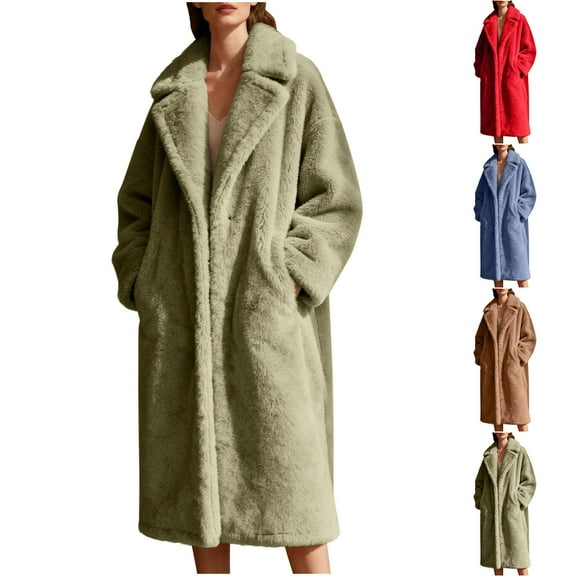 Nfurl Long Faux Fur Coats for Women Trendy Notch Lapel Open Front Fluffy Fleece Jacket with Pocket Winter Maxi Overcoat Fuzzy Jackets Coat Green XXL