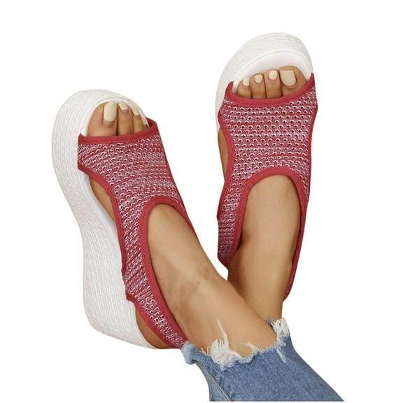 THDHVS Wedge Sandals for Women,Womens Sandals,Women's Fashion Casual One-Line Buckle Spring and Summer Wedge Heel Thick-Soled Sandals Red 6