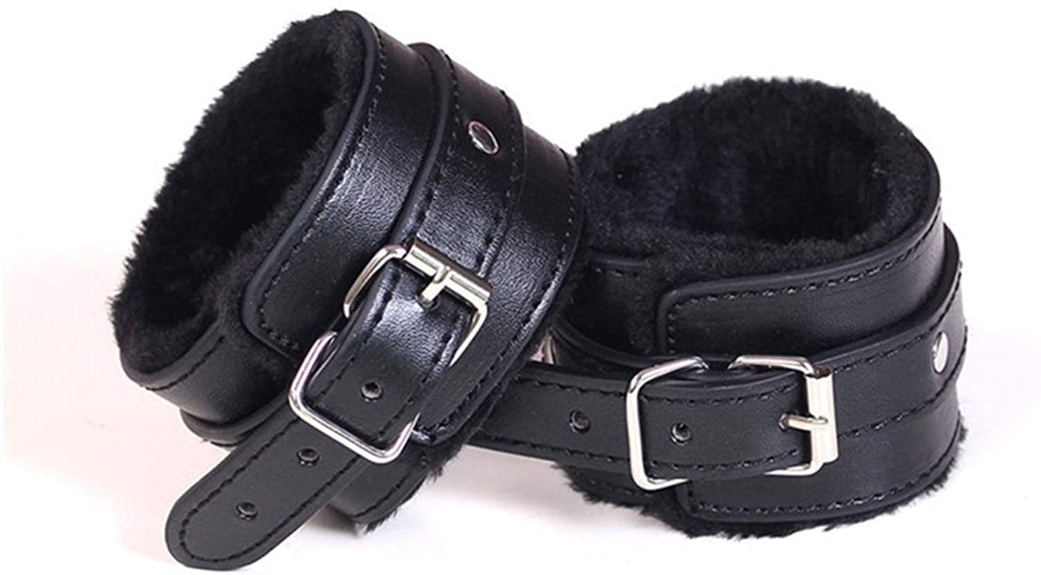 Black A Punk Fluffy Wrist Leather Handcuffs Bracelet Soft Plush Lining Wrist Handcuffs Bracelet Leg Cuffs Role Play Exercise Bands Leash Detachable for Home Yoga Gyms Party Cosplay Jewelry 