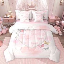 jejeloiu Lovely Bow Knot 7-Piece Bedding Comforter Set,Colorful Cute Butterflies King Bedding Sets For Girls Reversible
