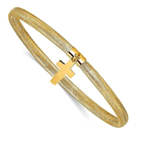 14k Gold Polished Religious Faith Cross Charm Stretch Bangle 4mm Wide Cuff Bracelet for Women