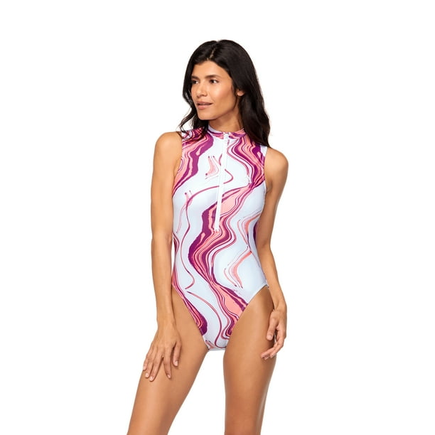 Reebok Women's High Neck One Piece Swimsuit with Zipper, UPF 50+, Sizes