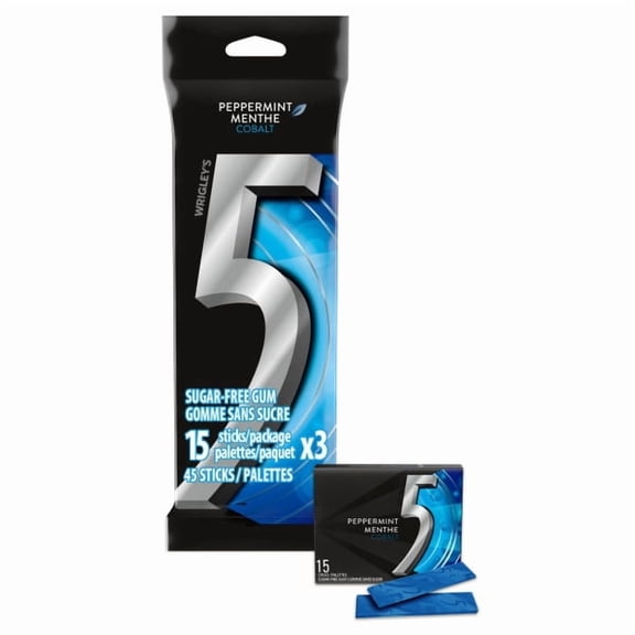 5 GUM, Peppermint-Cobalt Flavoured Sugar Free Chewing Gum, 15 Sticks, 3 Packs