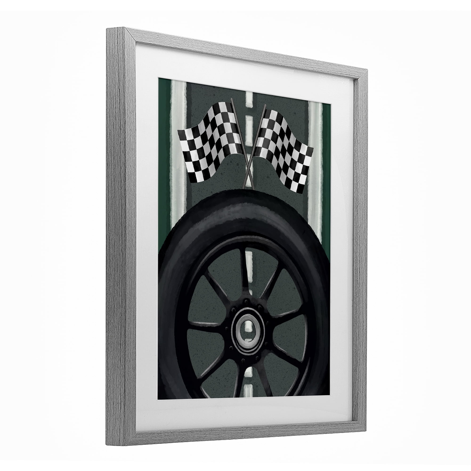 Stupell Industries Racetrack Flags & Tire Gray Framed Print Under Glass, design by Jennifer Stith