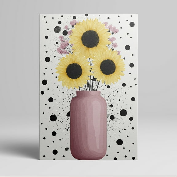 1pc Sunflowers in a Mauve Vase with Black Polka - Dots Canvas Wall Art, framed Decor room hanging Wall Picture Decor for Home Gifts, living room, bathroom, bedroom, kitchen wall art decor canvas wall