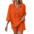 thumbnail image 3 of Women's Summer Linen 2 Piece Set V Neck 3/4 Sleeve Shorts Beach Casual, 3 of 8