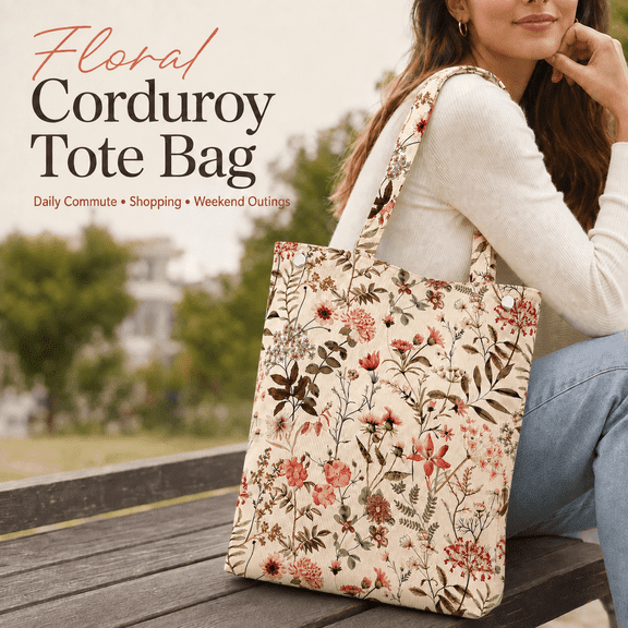 MORAVE Corduroy Tote Bag for Women, Reusable Shoulder Bag with Pocket and Buckle, Daily Bag for Work and Travel