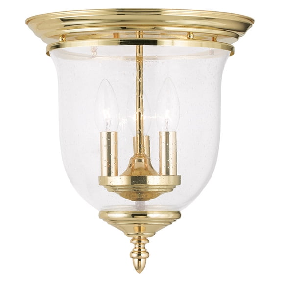 3 Light Polished Brass Ceiling Light fixture with Hand Blown Clear Seeded Glass Shade