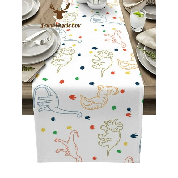 Jurassic Cartoon Dinosaur Children White Table Runner Home Wedding Table Mat Centerpieces Decoration Dining Long Tablecloth