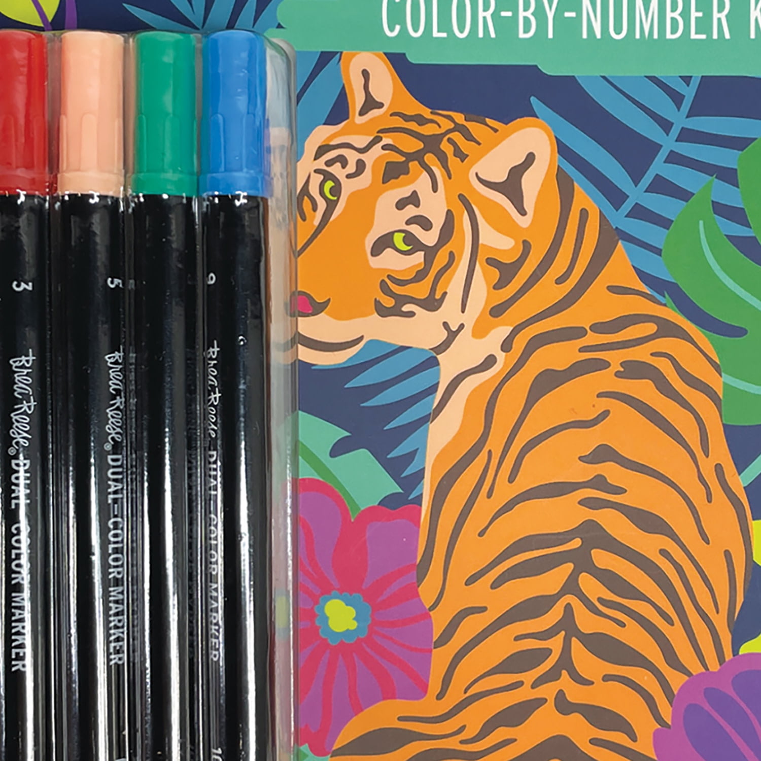 Brea Reese: Marker Color-by-Number Kit - Jungle Animals - 5 Dual-Tip Markers, 12 Nature Designs, Guided Art, 8.5 x 9.75" Pages, Adult Spiral Art Pad