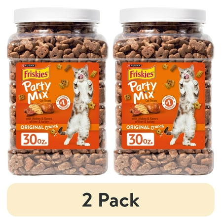 (2 pack) Purina Friskies Party Mix Cat Treats Original Crunch Snacks 30 oz. Canister
