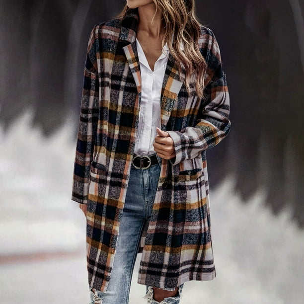 Fashion lapel collar red blue check printed woolen loose long coat hotsell