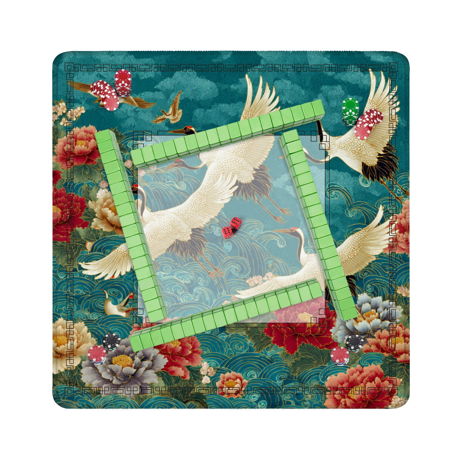 Mahjong Mat 31.5" x 31.5" Japanese seamless crane birds elements Asian Non-Slip Noise Reduction American Mahjong Tiles Table Cover for Dominoes Poker Card Board Games Gift