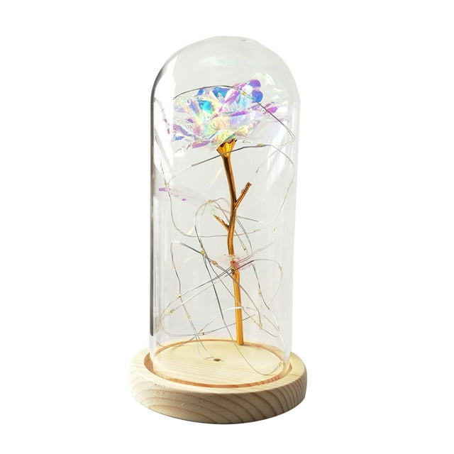 Birthday Gift Beautiful Preserved Rose Flower LED Light with Glass Cover Wooden Base Valentines Day Wedding Gift