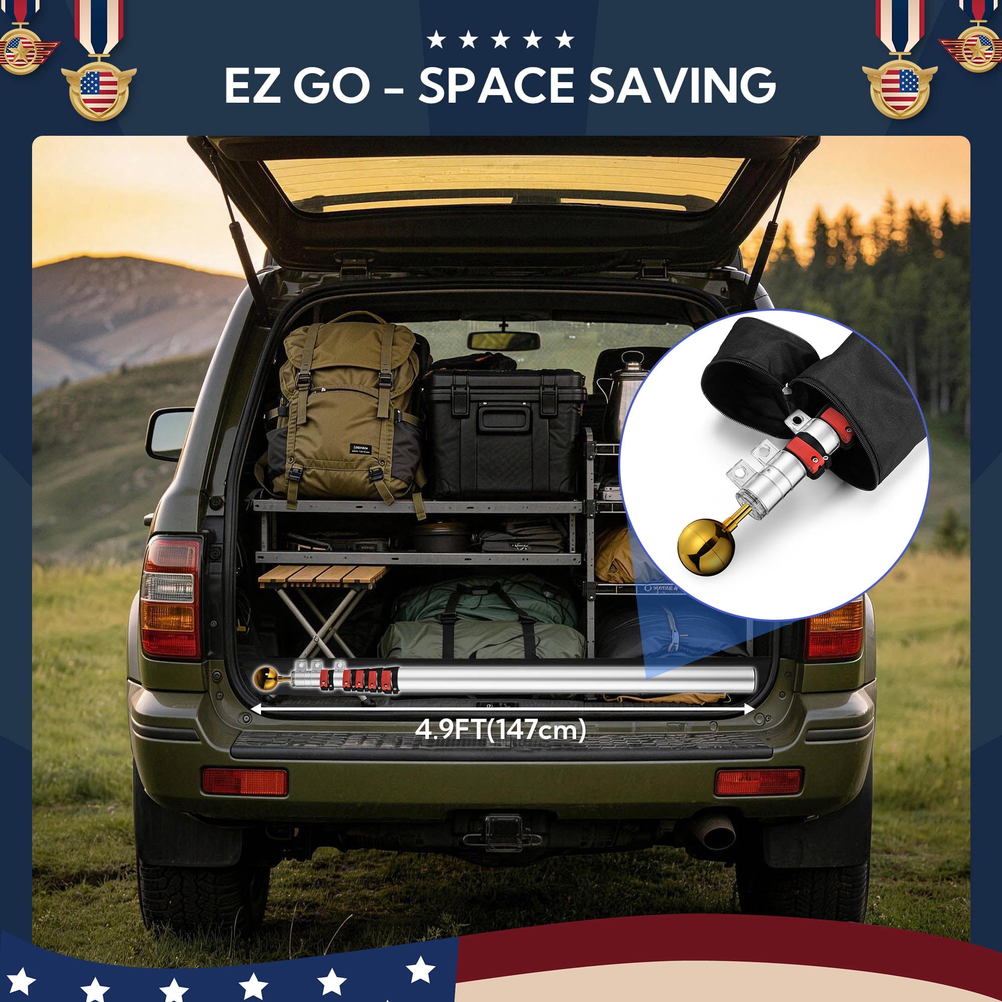 Yescom EZ GO 20ft Telescopic Flag Pole Kit Upgrade Rotating Lock for Outside Inground with 3x5' US Flag Ball Top Silver