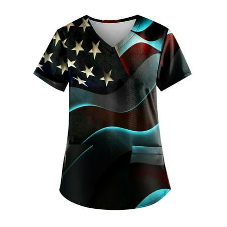 

XHJUN Womens Scrub Tops Clearance Sale American Flag Printed Scrub Tops V-Neck Independence Day T Shirts Workwear Nurse Uniform Tee with Pockets S-5xl Black M