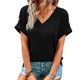 thumbnail image 1 of Camiseta de manga corta para mujer Primavera Verano Suelta Casual Color liso Hombro Botón Decoración Cuello en V Blusa superior Negro S, 1 of 6