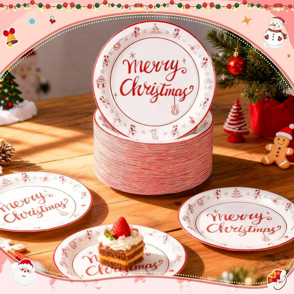 YUYAN-100 Pcs 7 Inch Christmas Paper Plates Bulk Christmas Party Plates Disposable for Xmas Holiday Party Supplies Dishware(Red Merry)
