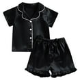 thumbnail image 2 of Fesfesfes Children's Cute Pajama Set Lapel Button Cardigan Tie Ruffle Shorts and Round Neck Top,2 Piece Summer Outfits for Toddlers,Breathable Home Nightwear Clothing Sets(Black,4-5 Years), 2 of 3